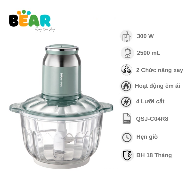 Máy Xay Thit Thưc Phẩm Đa Năng Bear QSJ-C04R8S Cối Thủy Tinh 2.5L Công Suất 350W - Máy xay sinh tố Bear