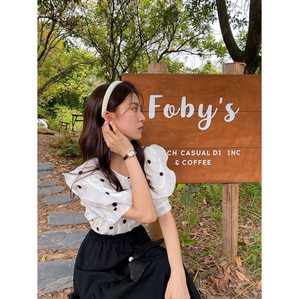 Áo Sơ Mi Chiffon Tay Ngắn Có Diềm Xếp Nếp Thêu Họa Tiết Phong Cách Mới 63425