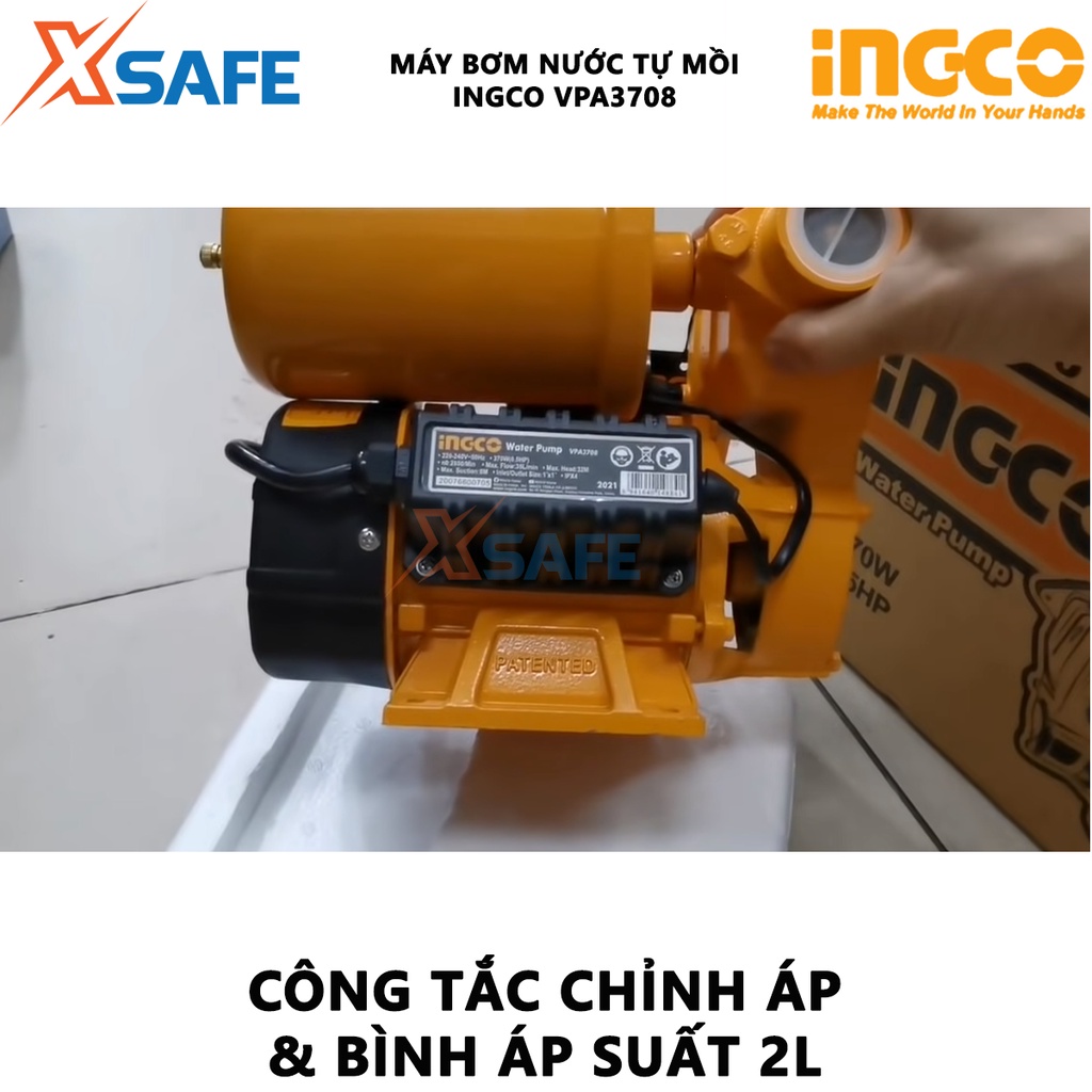 Máy bơm nước tự mồi INGCO VPA3708 Máy bơm điện áp 220-240V~50Hz, công suất đầu vào 370W (0,5HP), nhỏ gọn bền bỉ -[XSAFE]