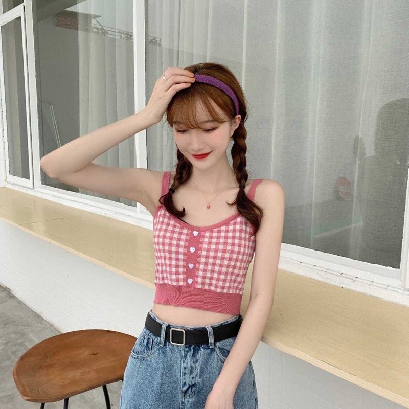 Áo hai dây croptop kẻ caro