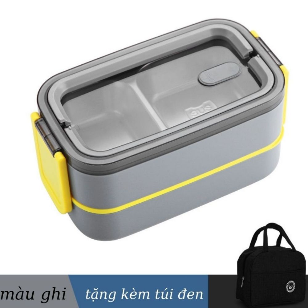 Hộp cơm văn phòng giữ nhiệt, hộp đựng cơm inox tặng kèm túi giữ nhiệt và bộ đũa thìa lúa mạch - HC2T