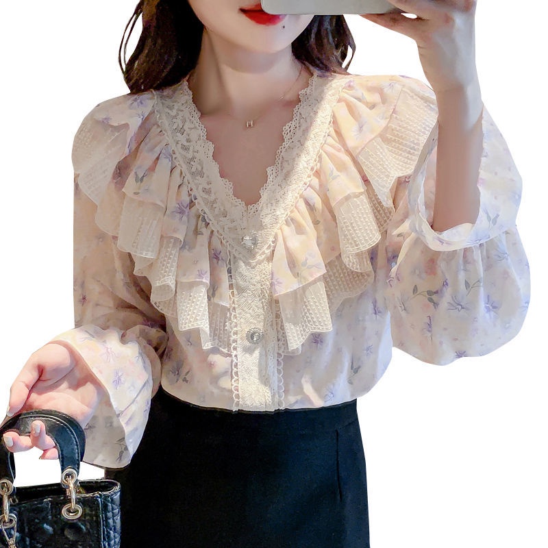 Áo Sơ Mi chiffon Tay Dài Cổ Chữ v In Họa Tiết Hoa Phối Bèo Đính Nút Kim Cương Giả Xinh Xắn Thời Trang Mùa Xuân