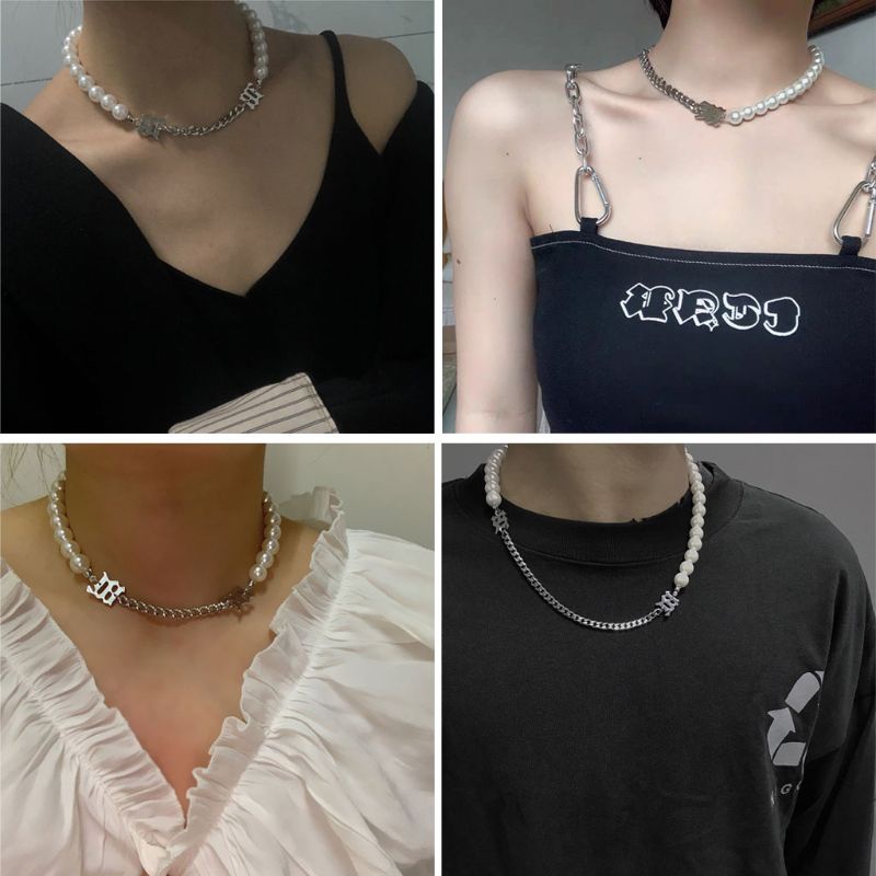 Bộ 2 Vòng Cổ Choker Chất Liệu Kim Loại Đính Ngọc Trai Nhân Tạo Màu Trắng Phong Cách Giáng Sinh