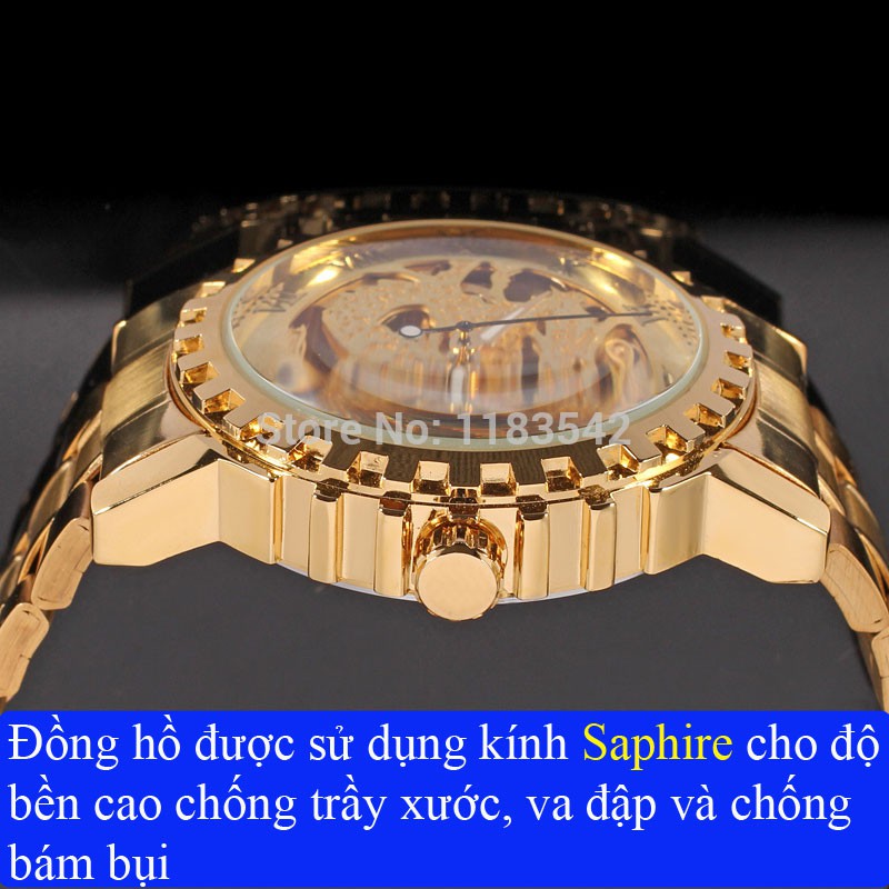Đồng hồ cơ nam đẹp mặt rồng nổi 3D mạ vàng chính hãng cao cấp tự động automatic giá rẻ mặt tròn đeo tay dây kim loại