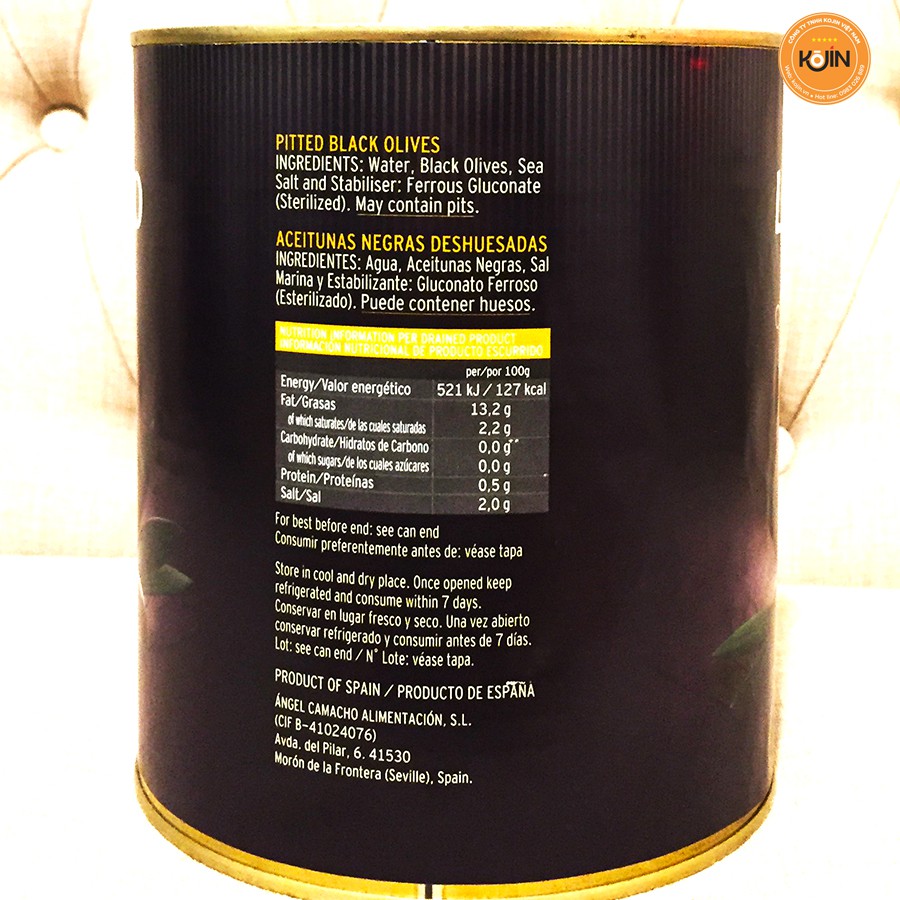 Oliu Đen Tách Hạt Kojin Hiệu Loreto, Quả oliu Comaro Quả Oliu Muối Nhập Khẩu Tây Ban Nha Hộp Thiếc 3kg