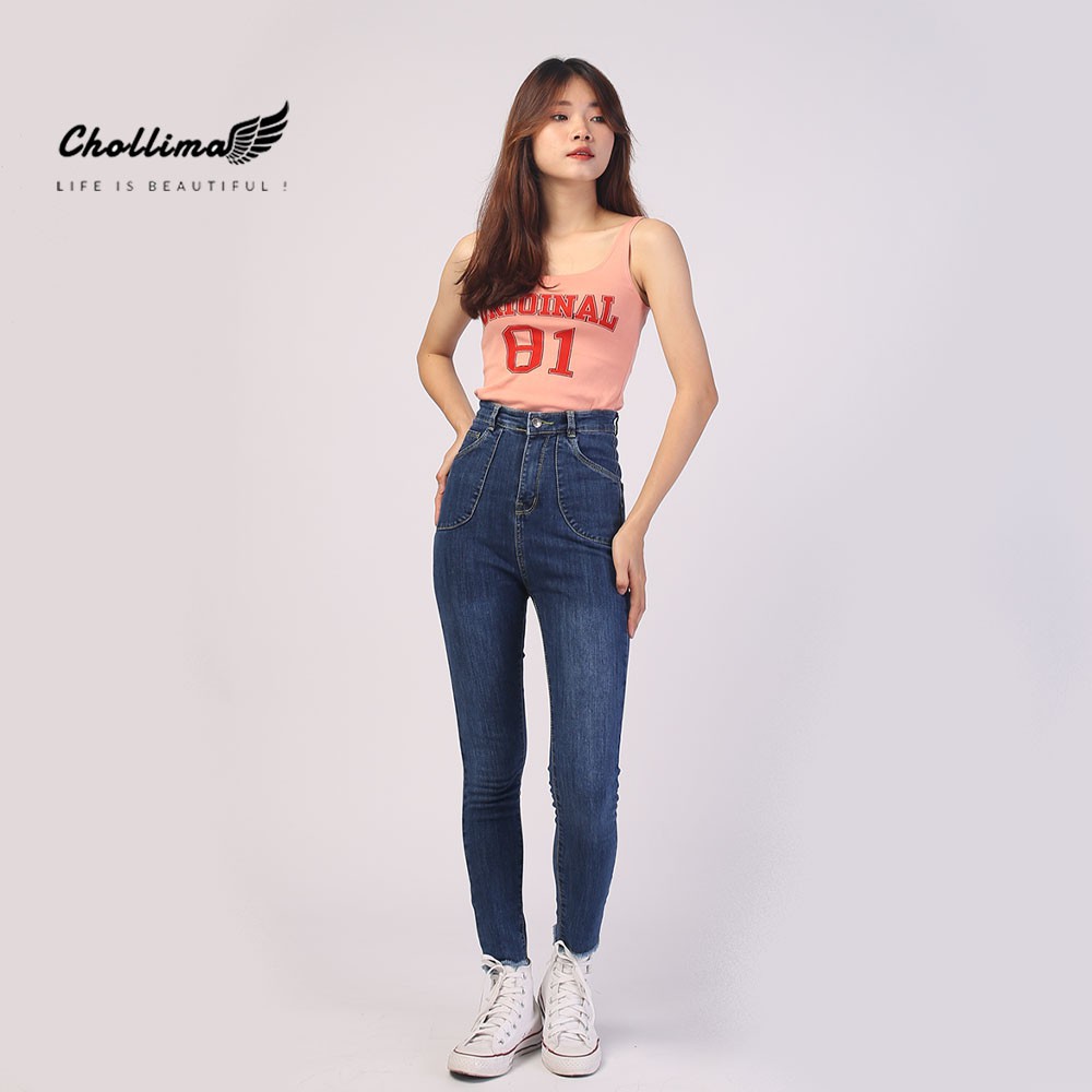 Quần dài jeans nữ co giãn Chollima cạp siêu cao đắp 2 túi tròn QD003  – quần bò nữ cạp siêu cao