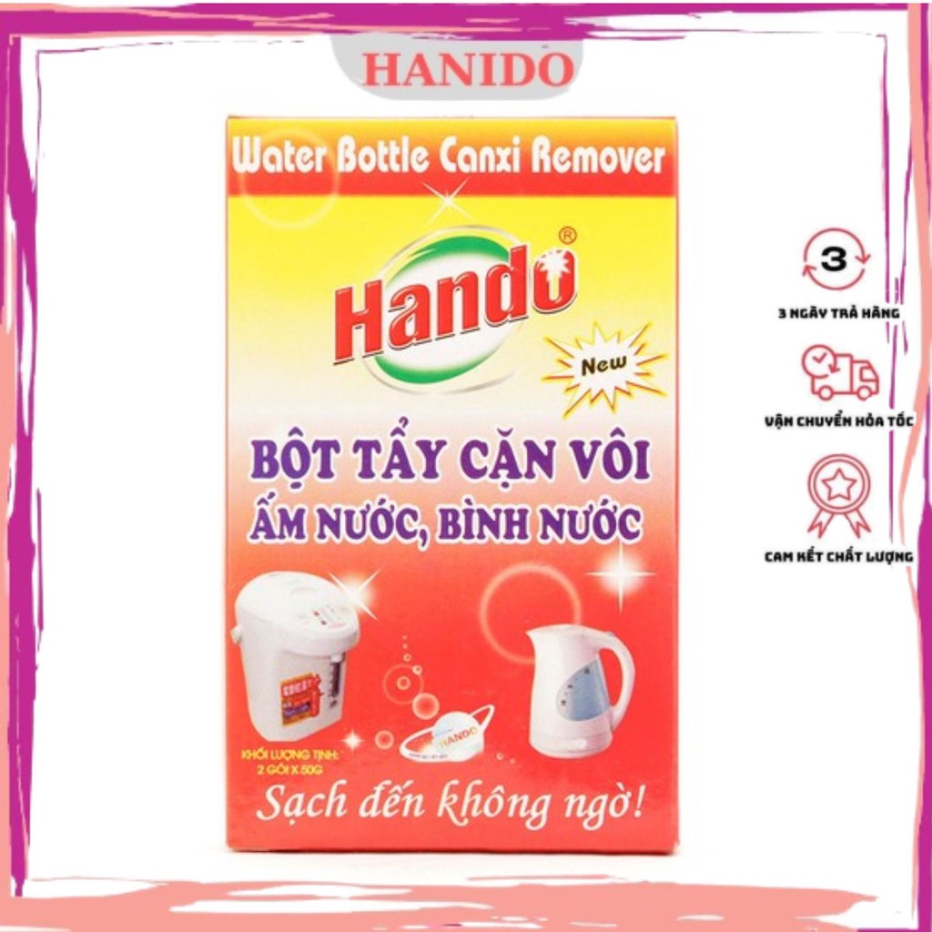 Bộ 5 hộp 10 gói bột tẩy cặn vôi ấm nước bình nước Hando 100g/hộp