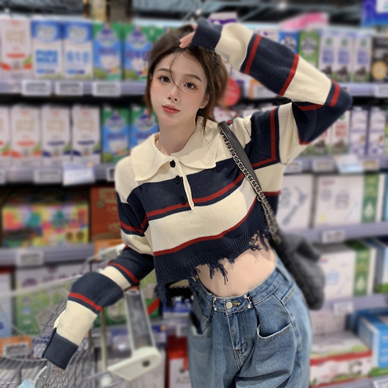 Áo Len Croptop Tay Dài Sọc Ngang Phong Cách Hàn Quốc