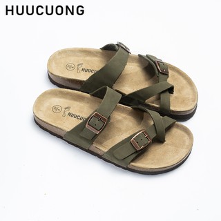 Dép unisex  Huucuong xỏ ngón da bò rêu