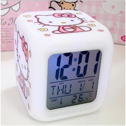 Đồng hồ báo thức XIAODUOJIAJU điện tử có đèn led dạng vuông hình mèo Hello Kitty