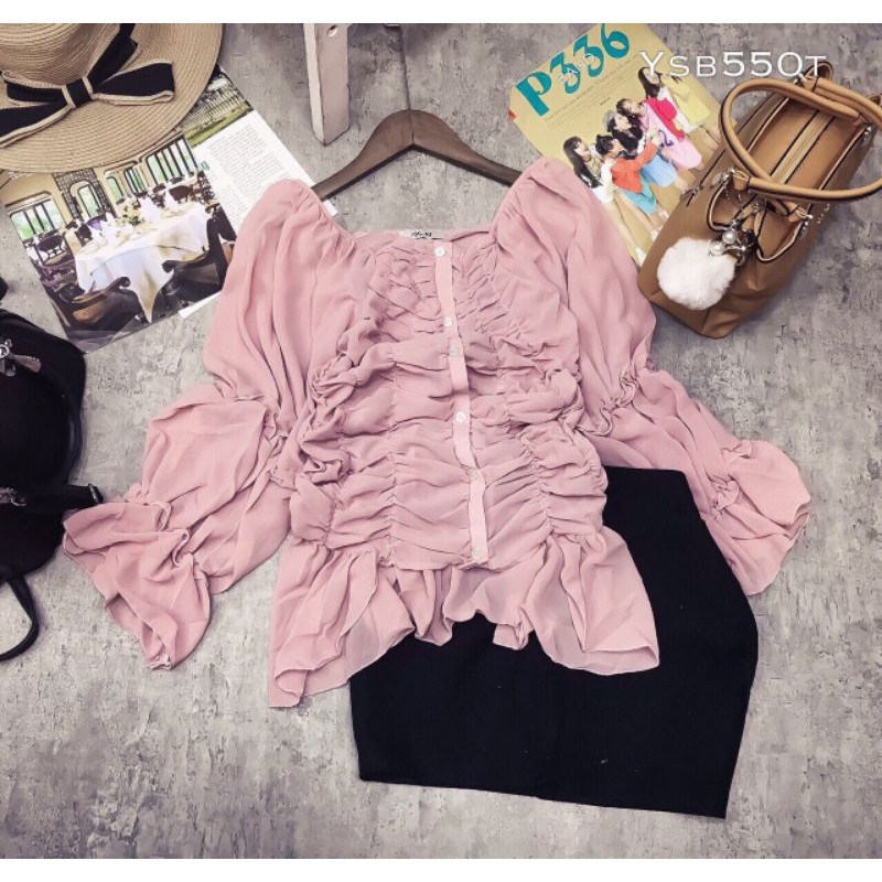 Sét áo voan nhúng tay dài loe phối chân váy ôm HÀNG THIẾT KẾ