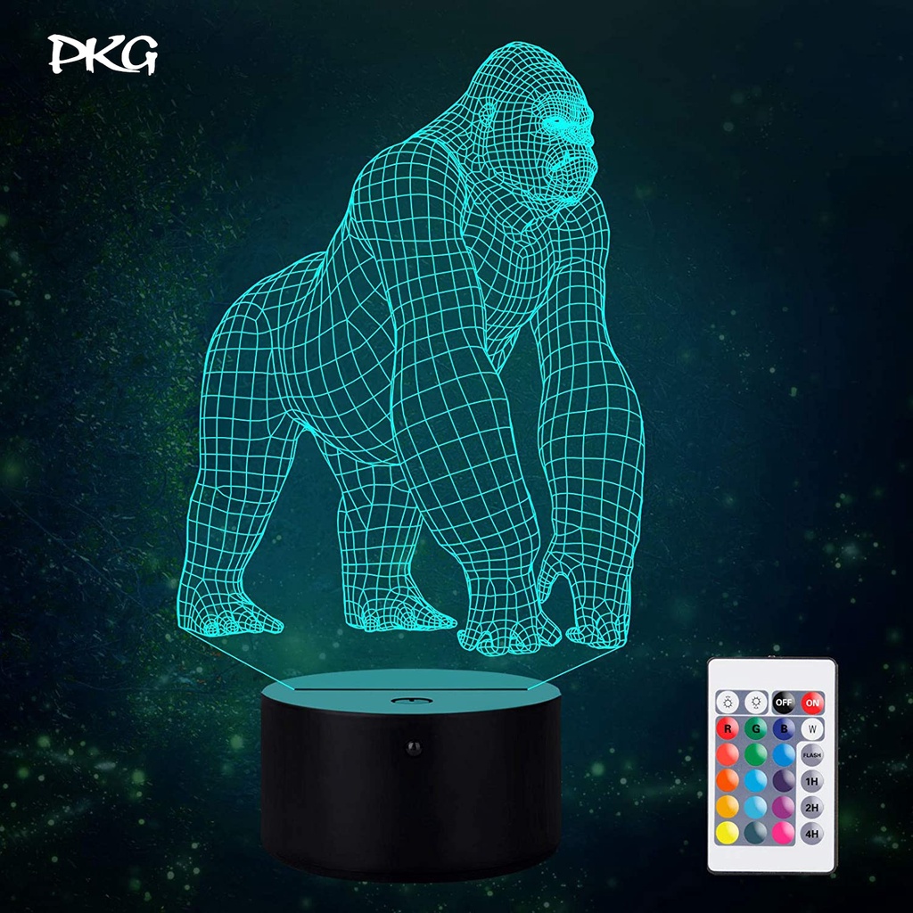 Đèn Ngủ Led 3D Hình GORILLA KHỈ ĐỘT Quà Tặng Trang Trí cảm ứng có Điều khiển từ xa nháy sáng 16 màu