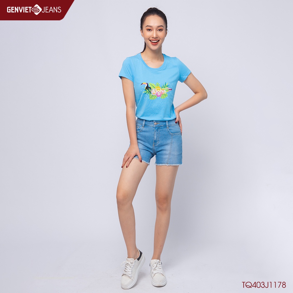 Quần Short Jeans Nữ Đùi Sọc Thẳng Tưa Gấu Cạp Cao Body Chất Bò Mềm Cao Cấp TQ403J1178, GENVIET