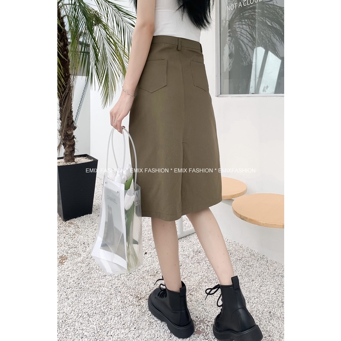 Chân váy jean chữ A xẻ sau EMIX, midi,cạp cao, khóa trước, dáng dài CVjean6701
