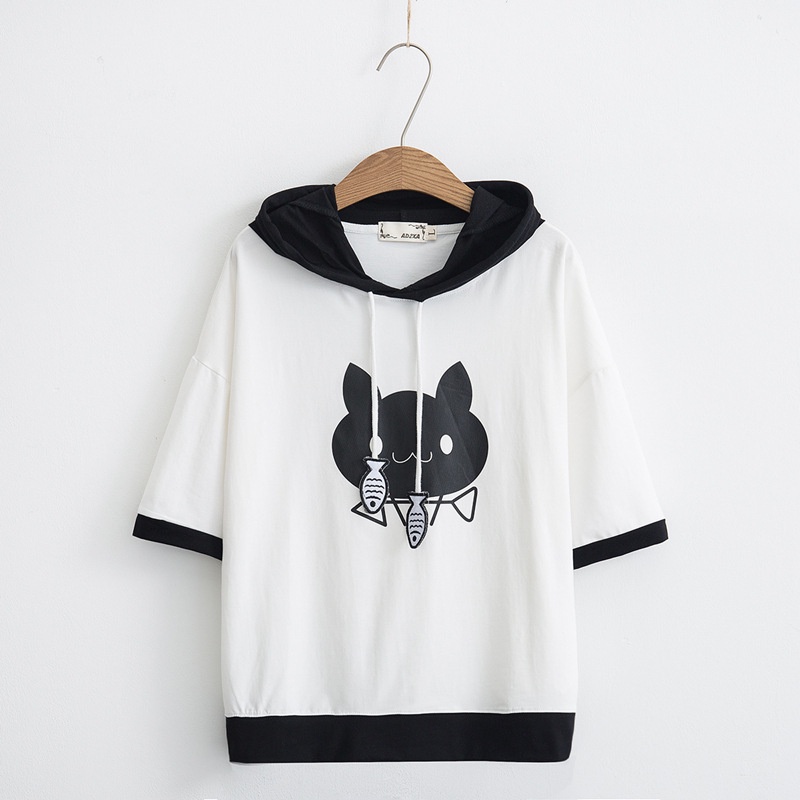 Áo Hoodie Ngắn Tay In Hình Xương Cá Màu Sắc Thời Trang
