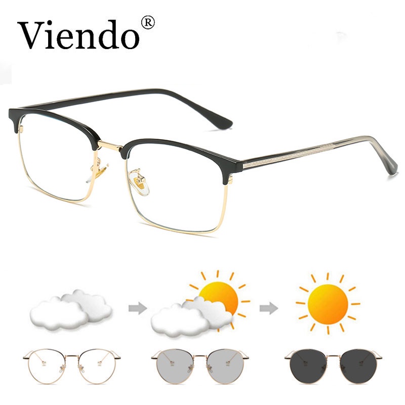 Kính mắt VIENDO gọng vuông kim loại tròng đổi màu chống ánh sáng xanh cao cấp thời trang unisex