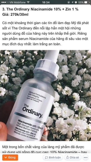 Serum The Ordinary Niacinamide 10% + Zin  khít lỗ chân lông, trắng sáng da, mờ thâm