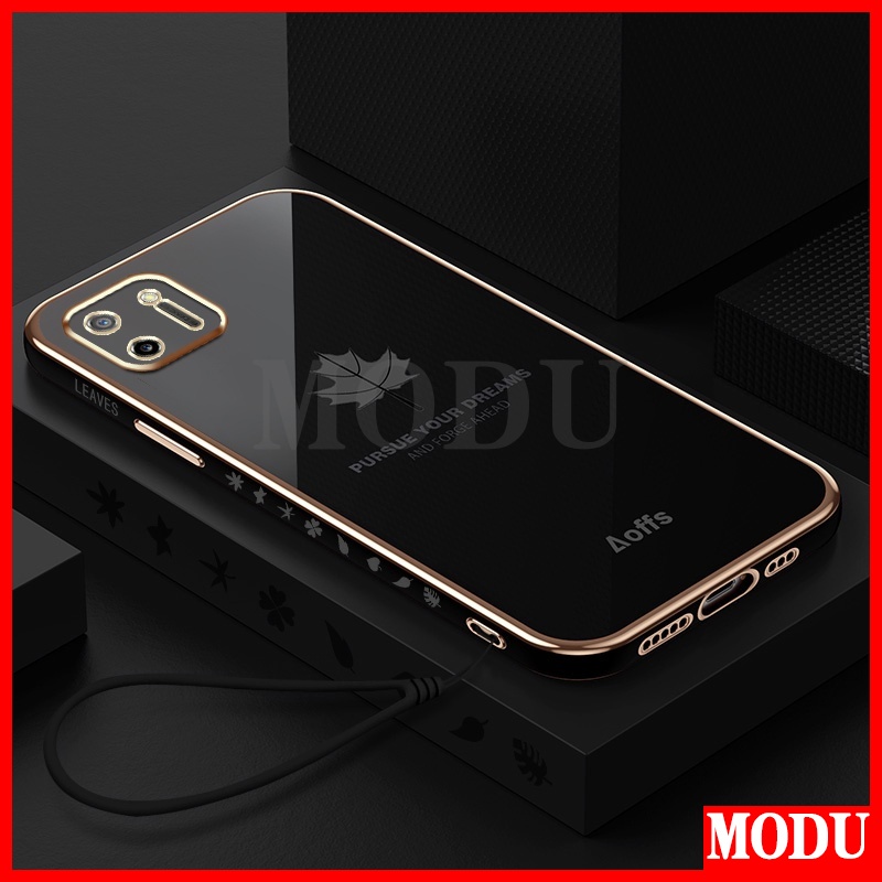 Ốp Điện Thoại Mềm Họa Tiết Lá Phong Dáng Vuông Mạ Màu Sang Trọng + Dây Đeo Cho OPPO A16K