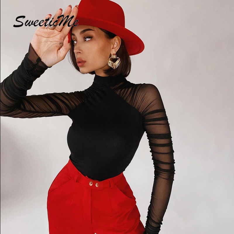 Bodysuit Cổ Tròn Phối Tay Lưới Thời Trang Đường Phố Quyến Rũ Cho Nữ