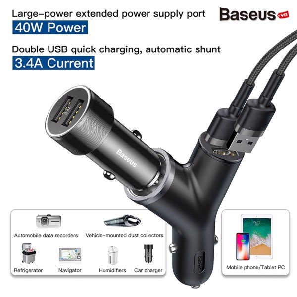 Bộ tẩu sạc mở rộng 3 trong 1 dùng cho xe hơi Baseus Y Type Dual USB (40W, 3.4A Fast Charge, Intelligent Car charger)