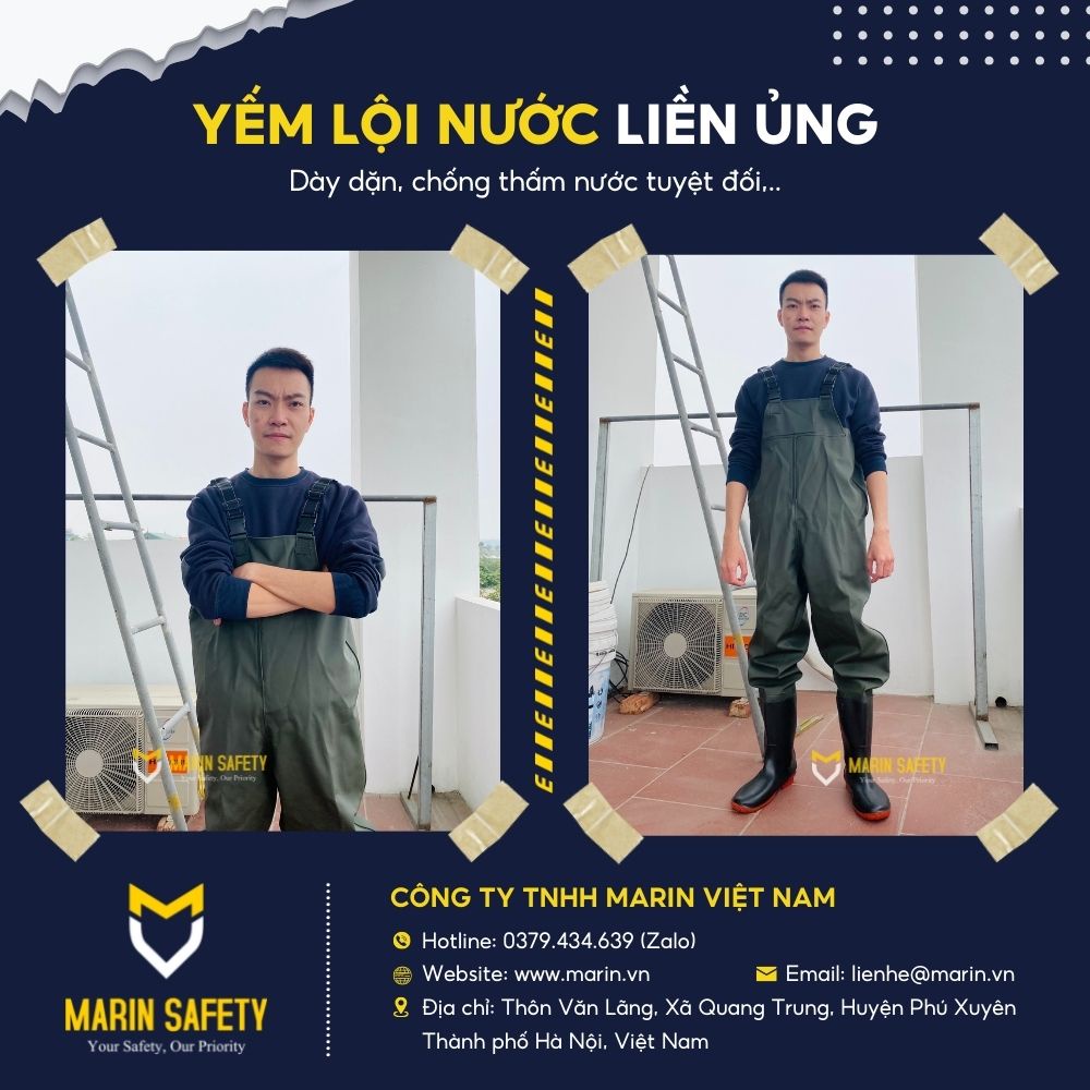 Quần áo lội nước màu xanh rêu, áo yếm chất liệu PVC chống nước dùng trong nhiều ngành nghề