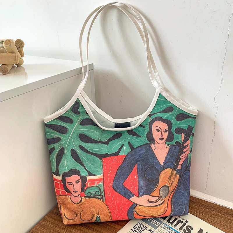 Túi Xách Canvas Sức Chứa Lớn Họa Tiết Tranh Sơn Dầu Thời Trang Cho Nữ