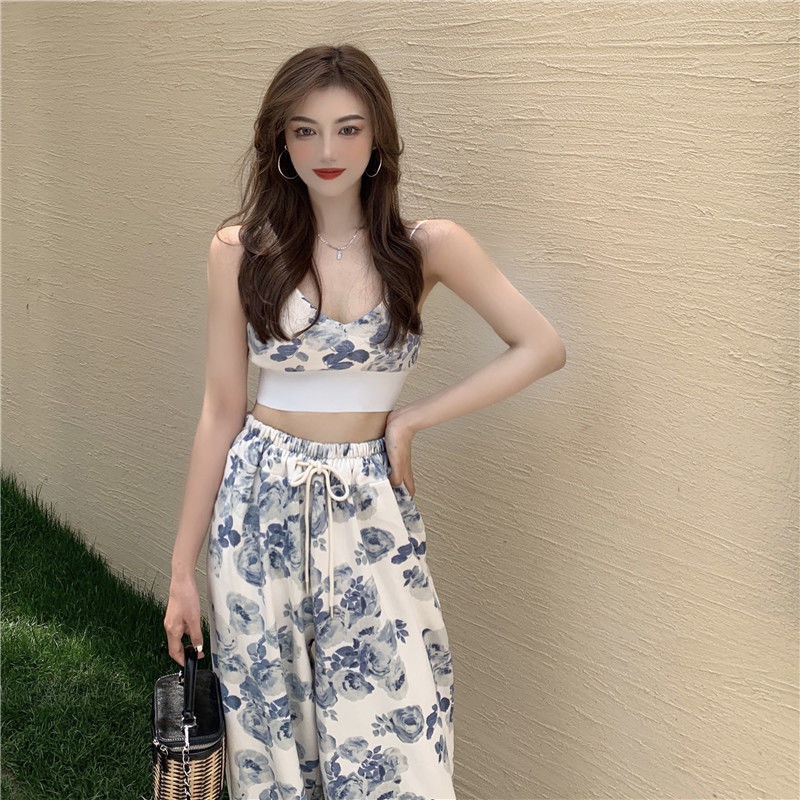 Camellia flower printed elastic sportswear casual pants women's loose spring and summer retro minority high waist slim Leggings