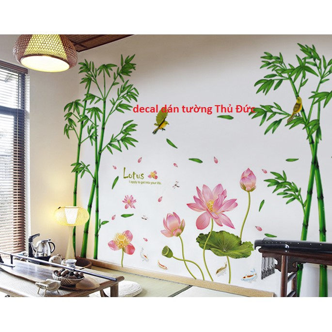 decal dán tường combo sen hồng và trúc