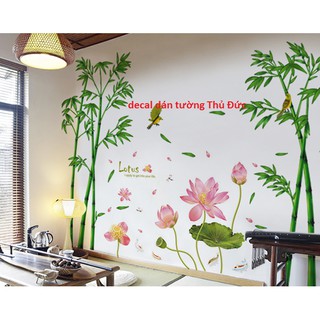 Decal dán tường combo sen hồng và trúc