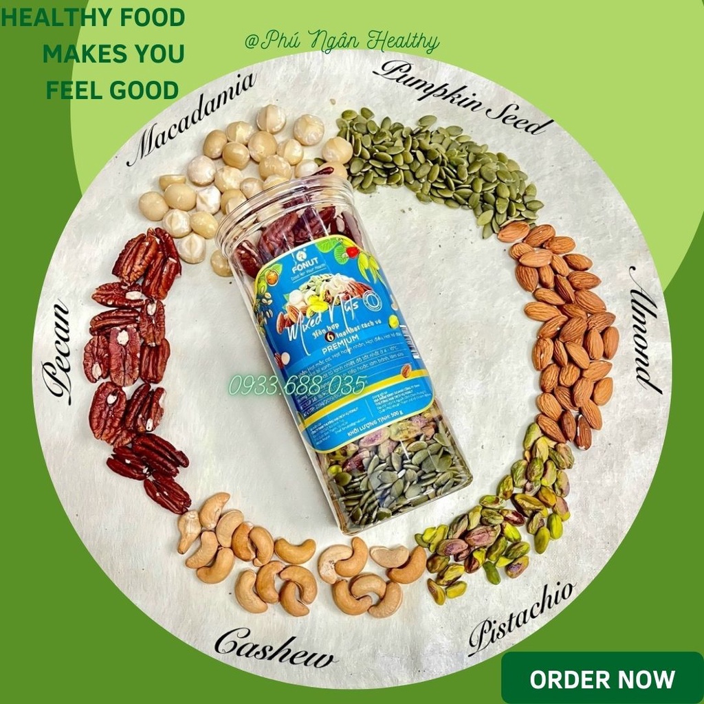 Mix nuts 6 loại hạt dinh dưỡng tách vỏ (macca, hồ đào, hạnh nhân, điều, dẻ cười, bí xanh) 500gr