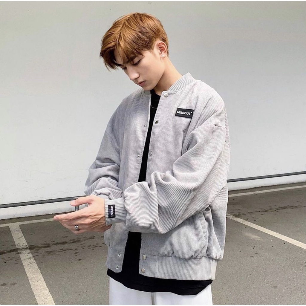 Áo khoác bomber Missout xám - chất vải nhung len gân dày dặn - form rộng unisex nam nữ