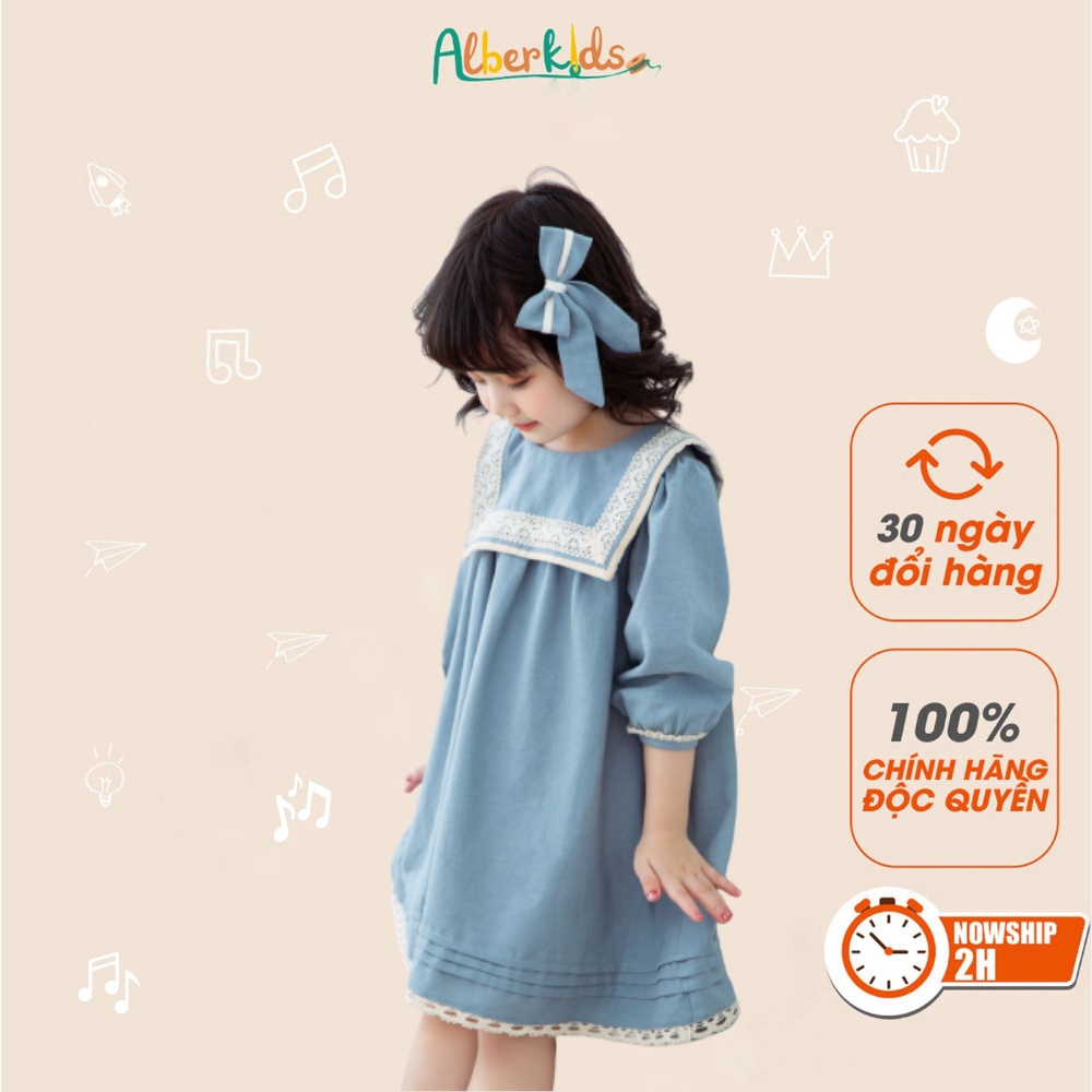 Váy bé gái ALBERKIDS tay dài Lola xanh lam công chúa xinh đẹp cho trẻ em gái từ 2,3,4,5,6,7,8,9,10,11,12 tuổi