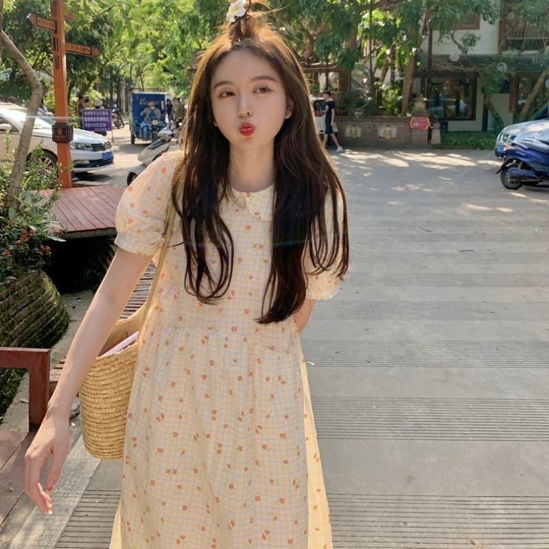 Đầm tay phồng dáng dài họa tiết hoa phong cách Hàn quốc