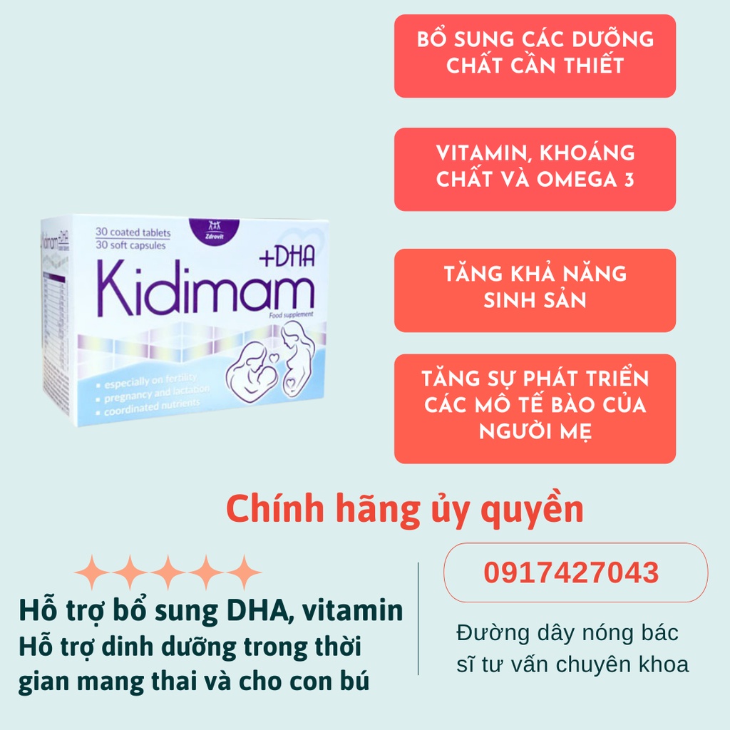 Thực phẩm bảo vệ sức khoẻ Kidimam + DHA bổ sung DHA và Vitamin cho phụ nữ mang thai và cho con bú