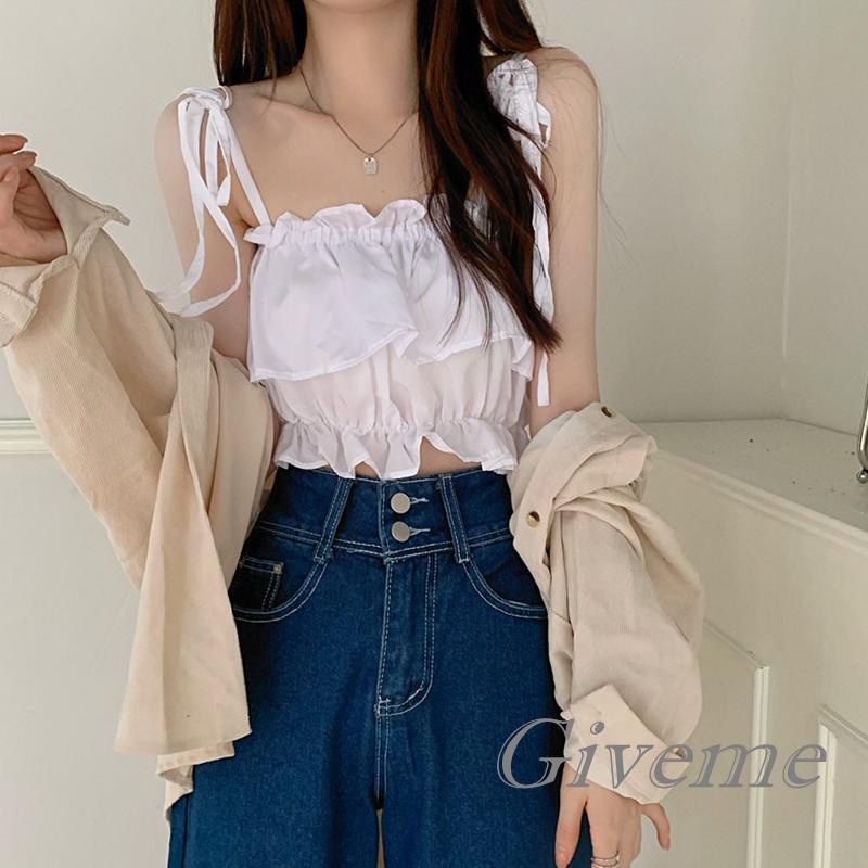 Áo Croptop Hai Dây Nhún Bèo Màu Trơn Thời Trang Mùa Hè Cho Nữ