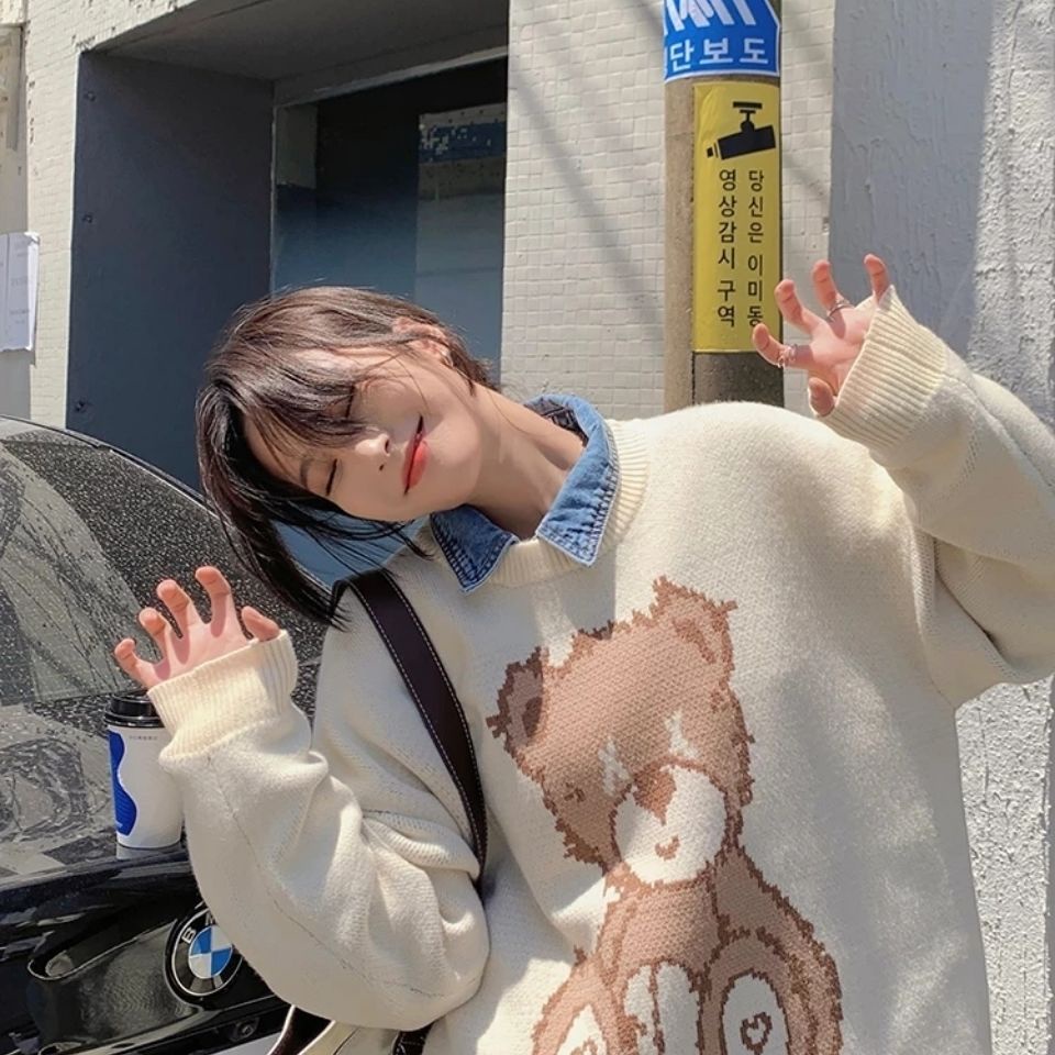 Áo sweater dáng rộng in hình gấu Klein dễ thương thời trang mùa thu mới 2021