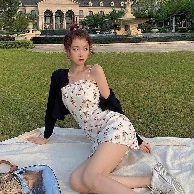 SET ĐẦM HOA 2S KÈM KHOÁC  ĐEN