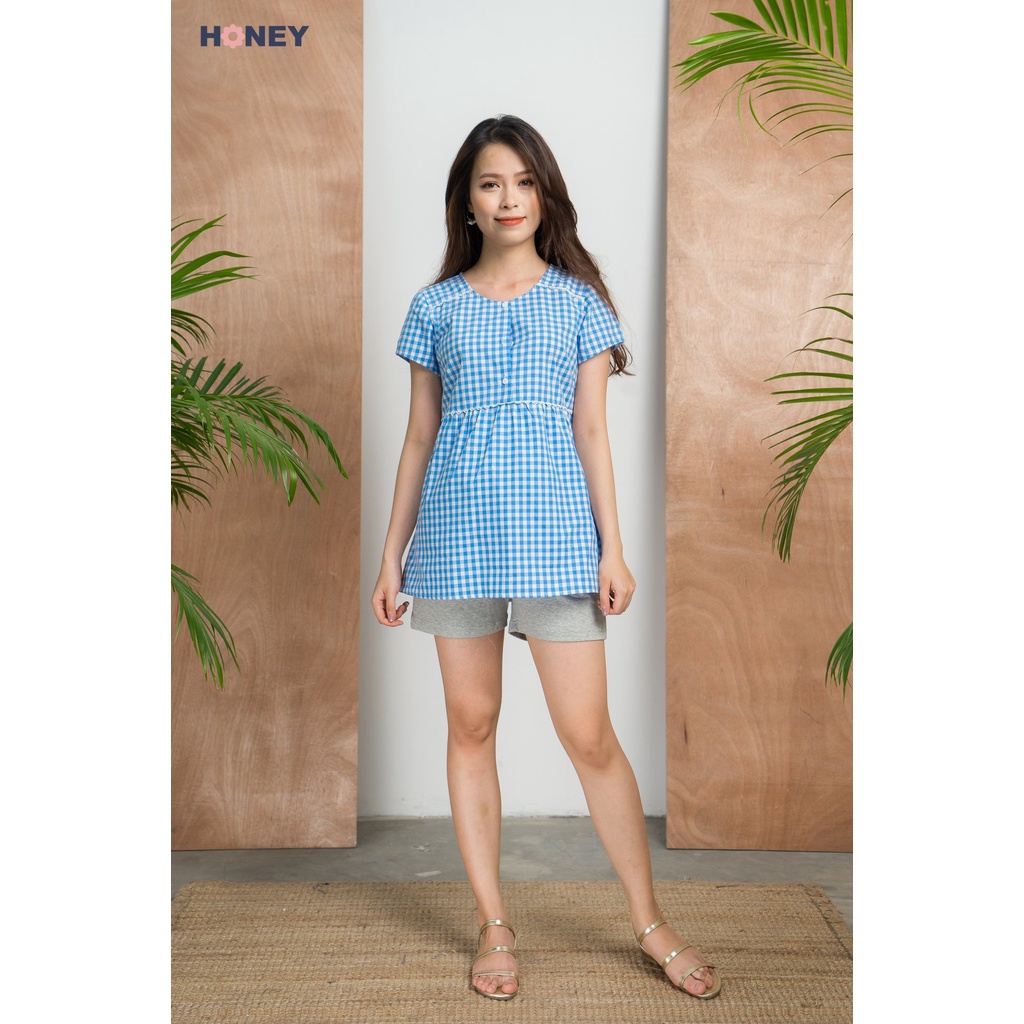 Bộ đồ cộc tay mặc nhà, áo chất liệu thô lụa mềm mát, quần cotton co giãn - Thời trang đầm bầu cao cấp HONEY