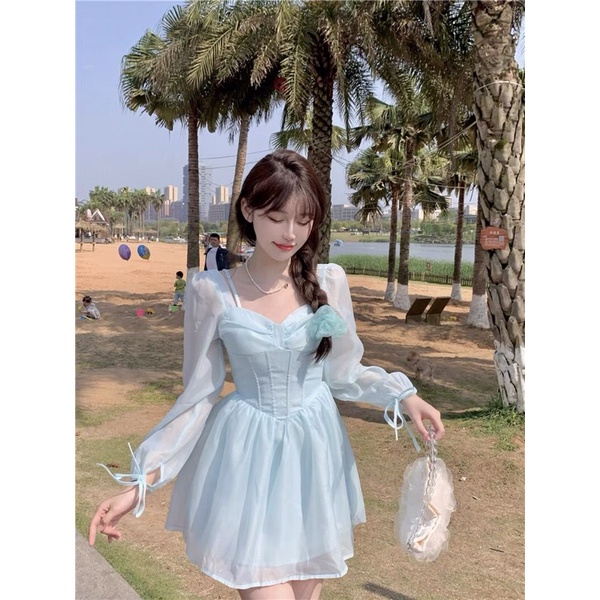 Đầm xòe cổ vuông nơ ngực tay phồng phong cách tiểu thư Hàn Quốc, váy xòe tiểu thư Ulzzang