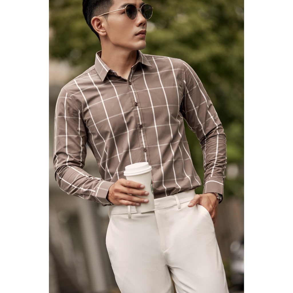 Áo Sơ Mi Americus Gosani Caro Phom Slimfit Màu Nâu Và Xanh Dương