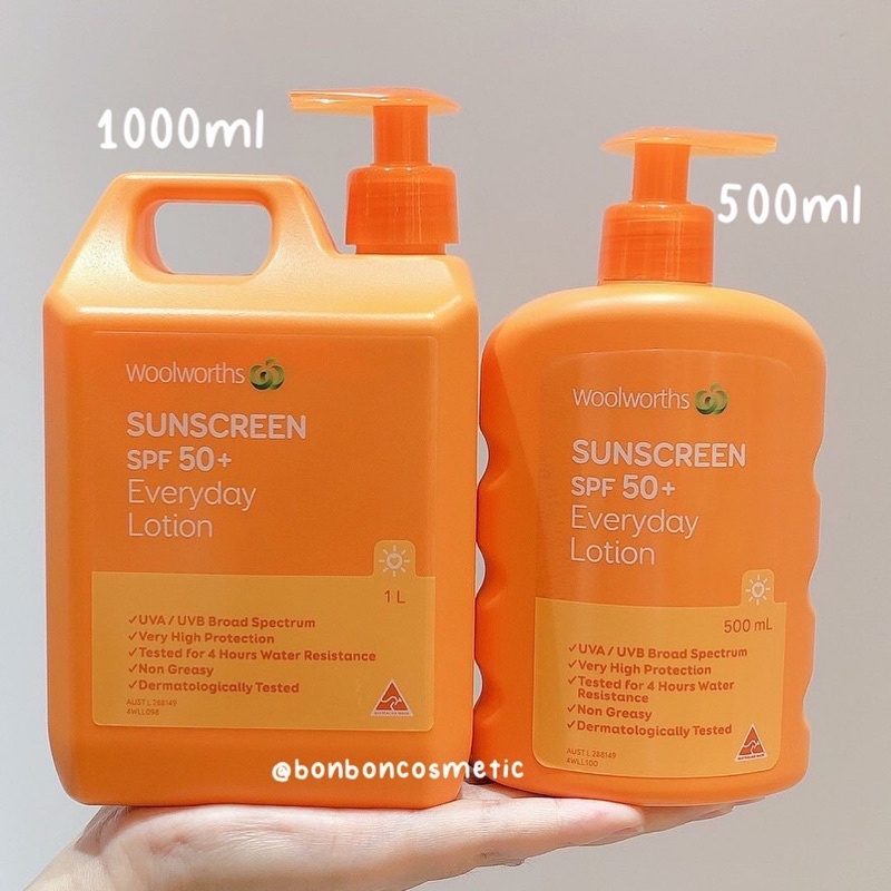 Kem chống nắng can 1l lít và 500ml Úc WOOLWORTHS EVERYDAY #sunscreen SPF 50+ BONBONCOSMETIC