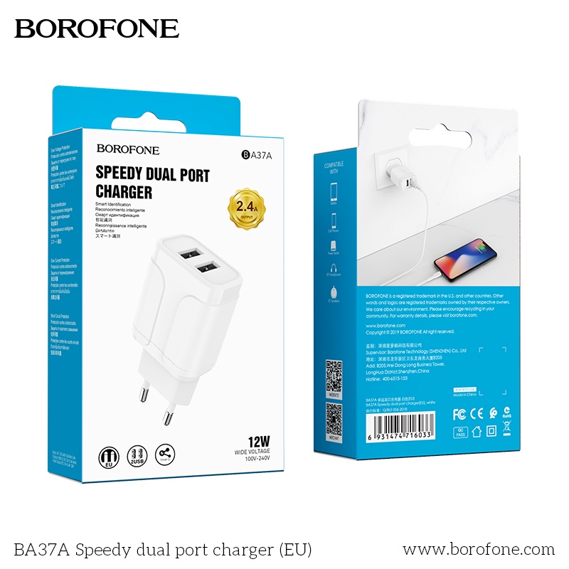 Củ sạc iphone, android Borofone BA37 12W 2 cổng USB 2.4A chuẩn EU, US