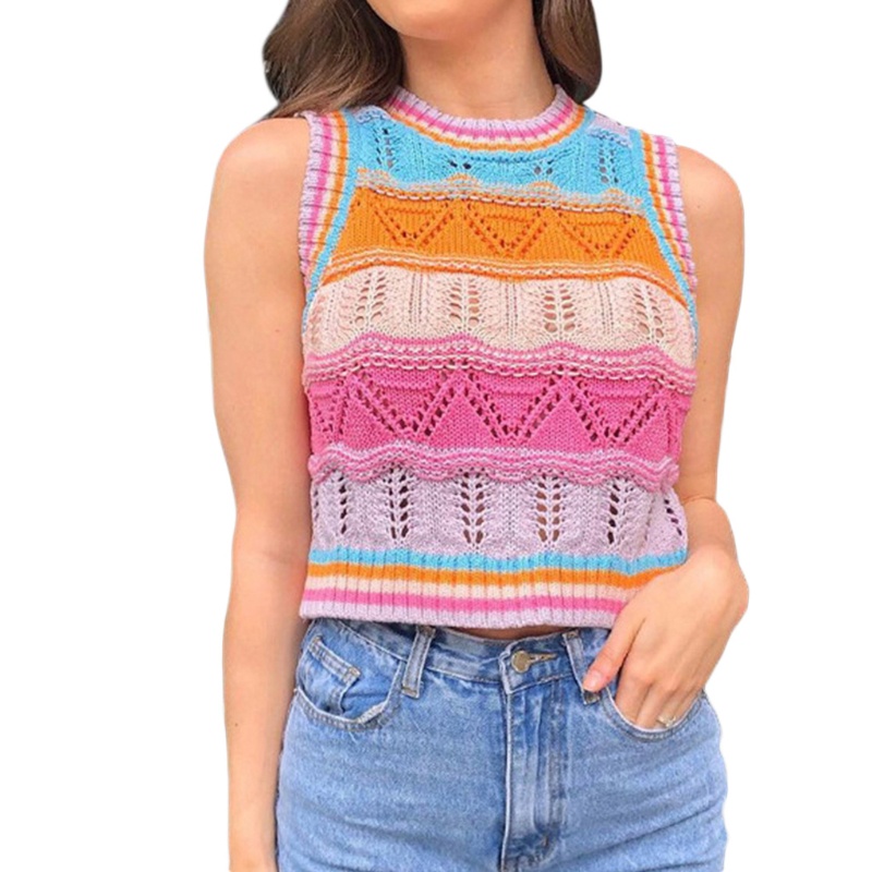 Áo Len Croptop Không Tay Họa Tiết Sọc Cầu Vồng Thời Trang Cho Nữ