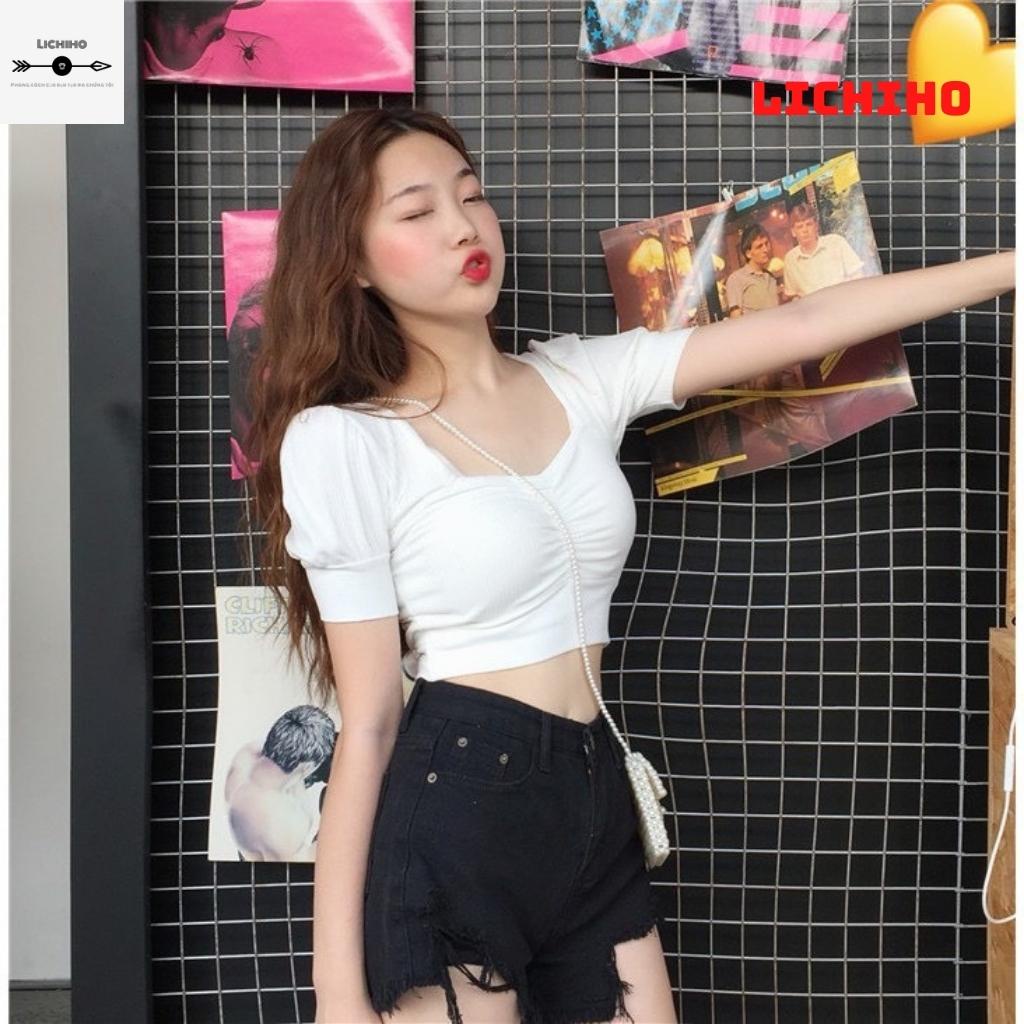 Áo croptop nữ tay phồng cổ vuông CT02 LICHIHO nhún ngược chất vải tốt mịn màn chất lượng quyến rủ | BigBuy360 - bigbuy360.vn