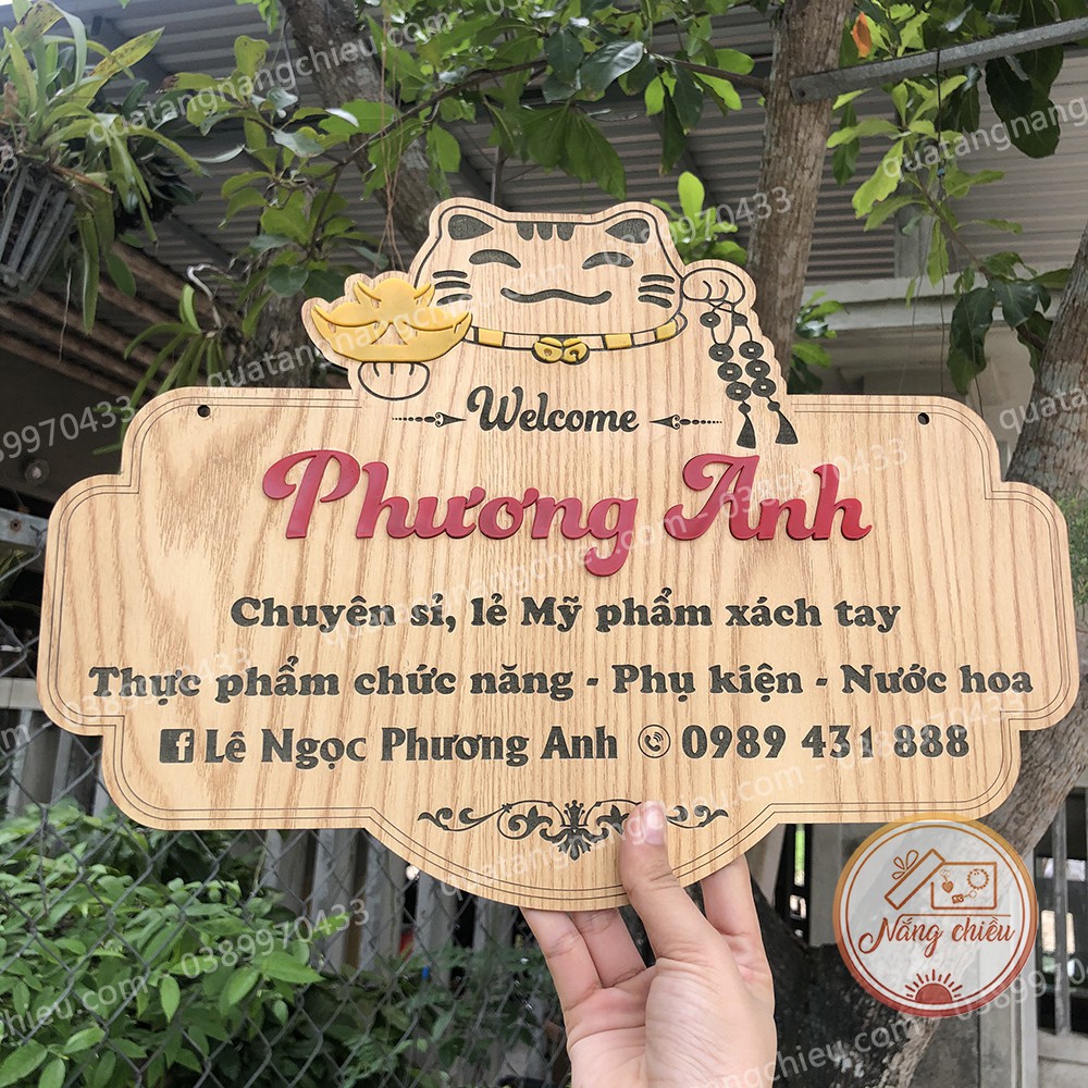 Bảng gỗ hình mèo thần tài, mang lại may mắn chio shop bán hàng, Bảng hiệu gỗ treo shop giá rẻ