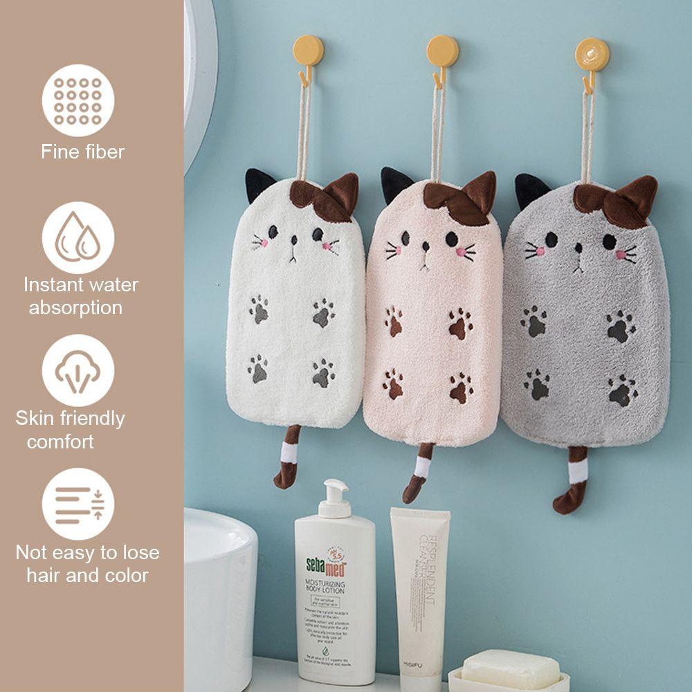 Khăn Lau Tay Vải Nhung San Hô Thêu Họa Tiết Dễ Thương Treo Tường Tiện Dụng Cho Nhà Tắm