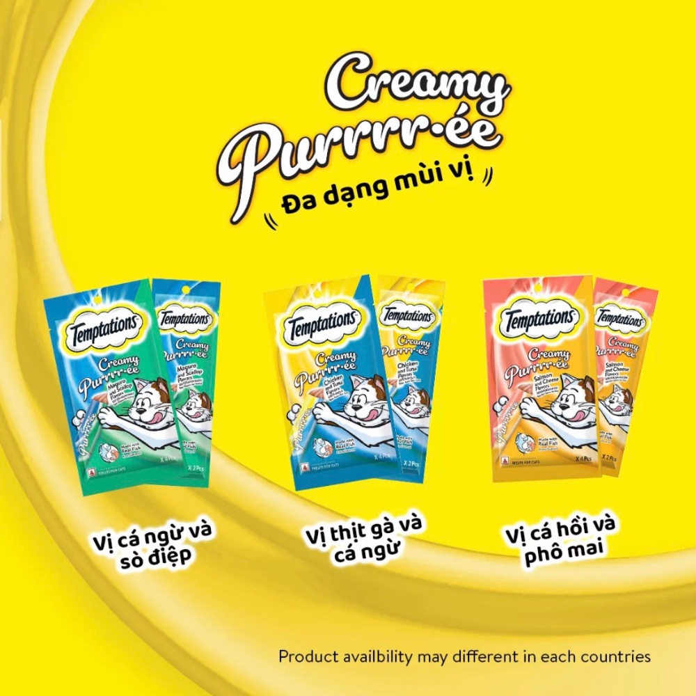 TEMPTATIONS Sốt thưởng - Creamy Purrrr-ée cho mèo lớn vị gà và cá ngừ, 48g. Sốt thưởng làm từ thịt cá thật