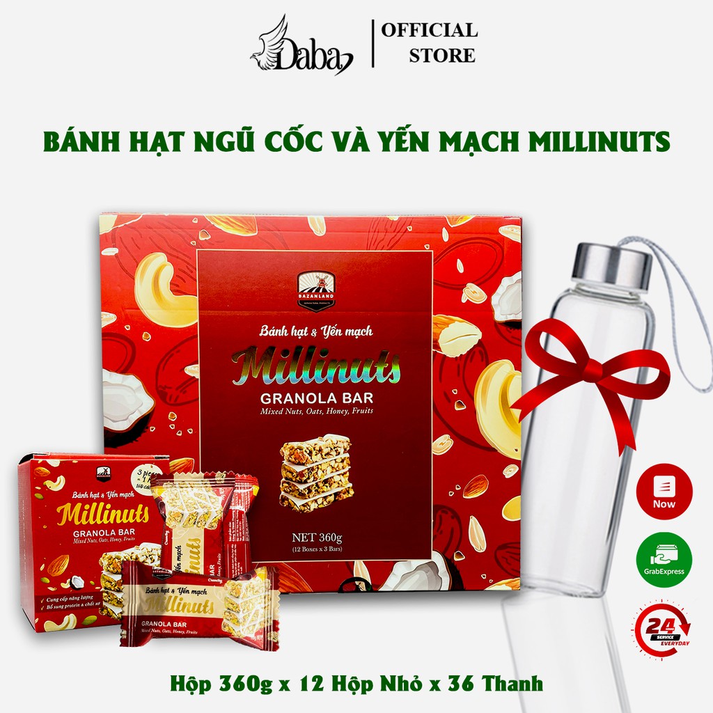 Thanh Ngũ Cốc Bánh Ăn kiêng Hạt và Yến mạch Millinnuts Granola Bar ( Hộp 360g - 36 thanh x 10g ) giảm cân, yoga healthy