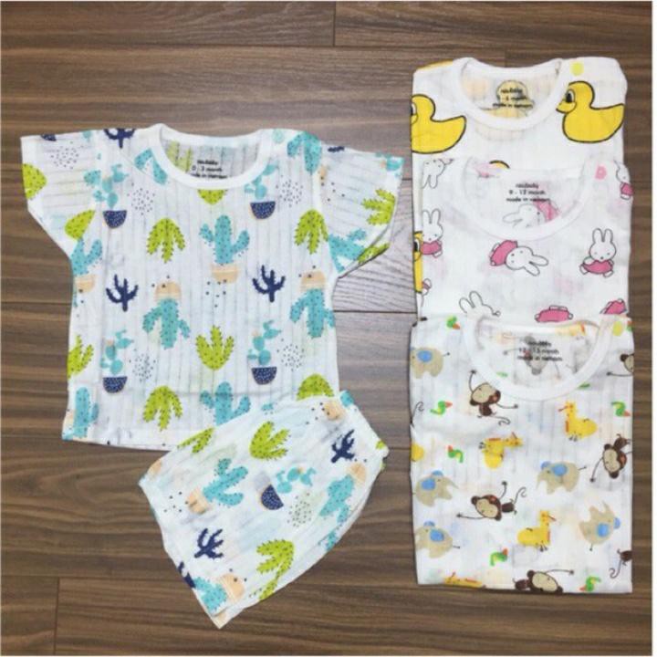 Bộ quần áo trẻ em cotton giấy cộc tay chui đầu cài vai, đồ bộ bé gái bé trai hàng Việt Nam chất lượng cao