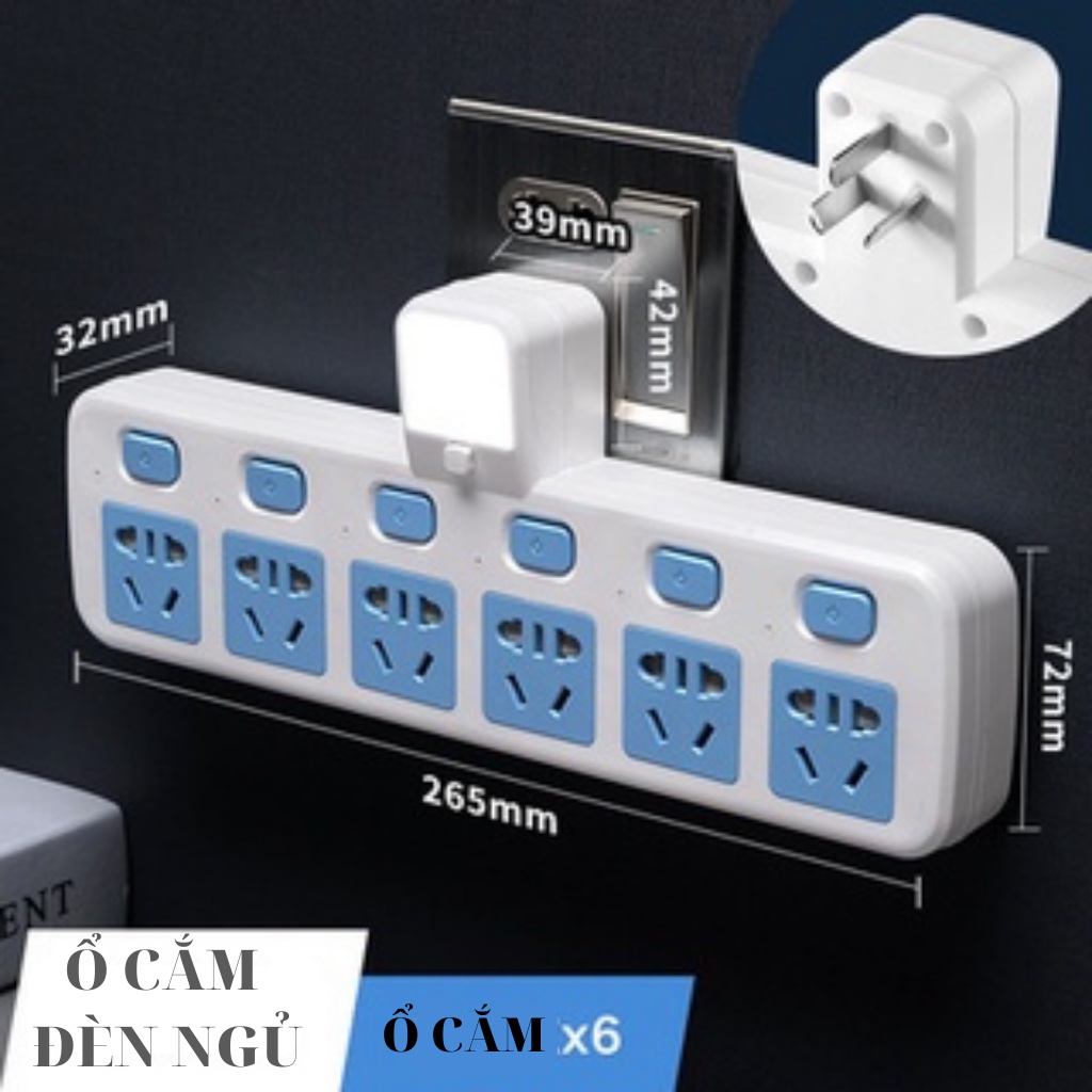 Ổ cắm điện đèn ngủ có cổng USB nhiều lỗ cắm đa năng thông minh tích hợp đèn ngủ, tải 2500W